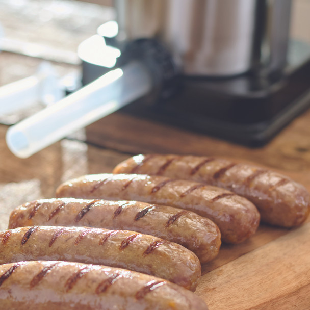 5 lb. Vertical Sausage Stuffer beauty image with sausage